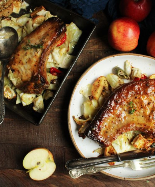 Image for Recipe - Honey & Mustard-Glazed Pork Chop with Roasted Cabbage & Jazz Apples