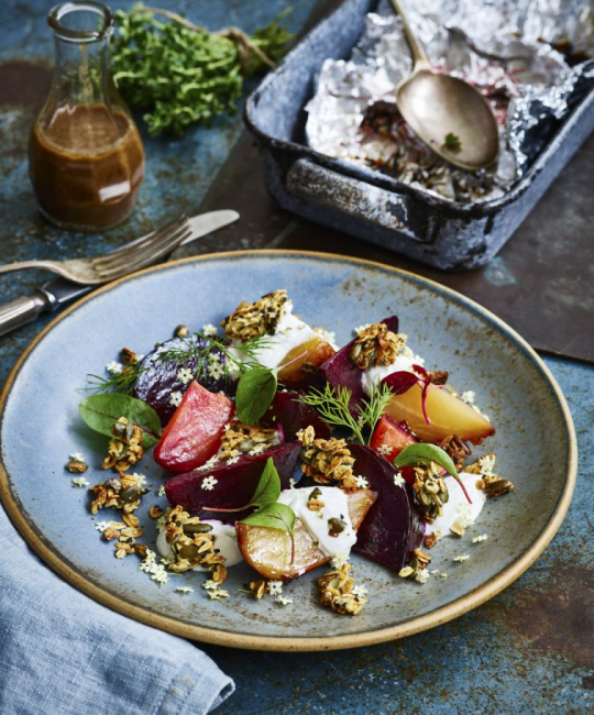Image for Recipe - Roasted Beetroot Salad with Goat’s Curd & Savoury Granola