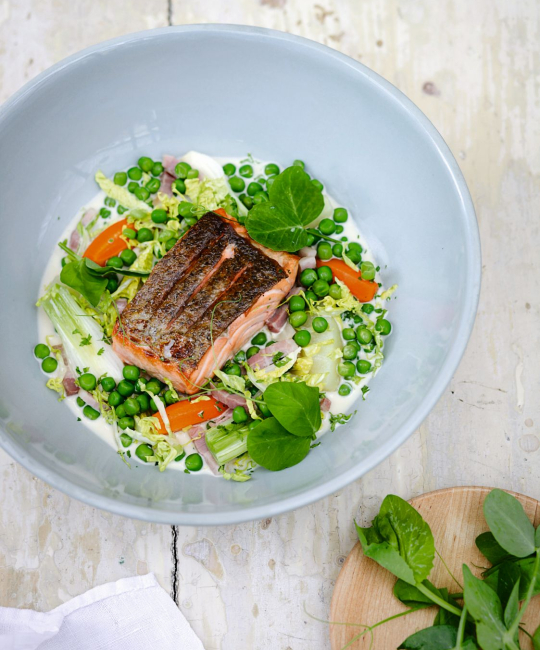 Image for Recipe - Roast Salmon with Peas, Bacon & Braised Little Gem
