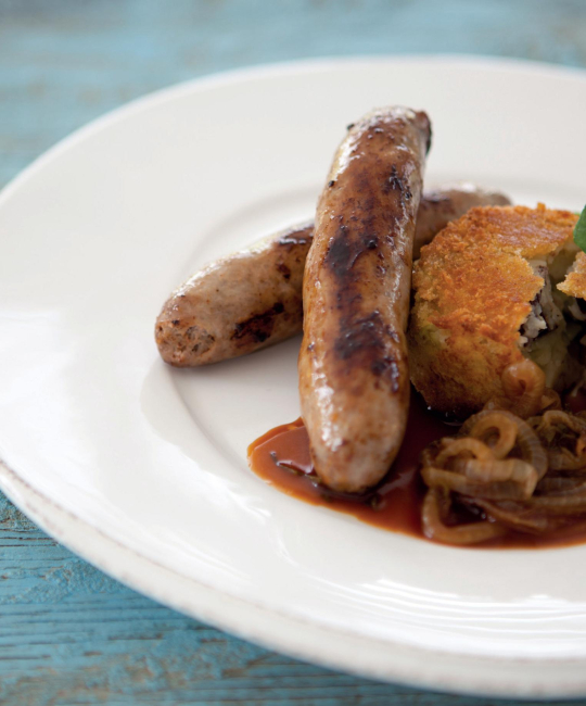 Image for Recipe - Sausages with Black Pudding & Leek Potato Cakes