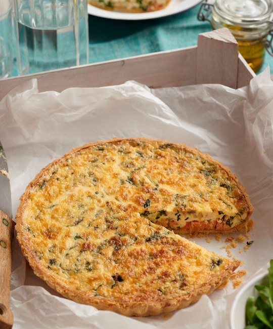 Image for Recipe - Smoked Trout, Duck Egg and Watercress Quiche with Cheddar