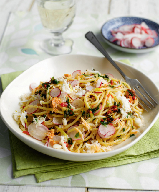 Image for Recipe - Spaghetti with Crab, Lemon, Chilli, Parsley & Radish