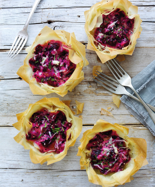 Image for Recipe - Beetroot & Ricotta Filo Tarts with Nigella Seeds