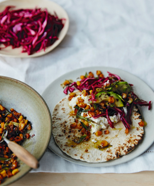 Image for Recipe - Charred Sweetcorn & Cumin Seed Tacos with Pickled Red Cabbage & Feta Mayonnaise