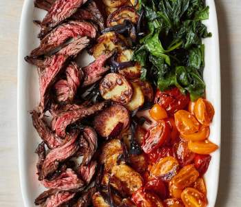 Image for recipe - Mary Berry’s Thyme Bavette Steak with Potatoes & Wilted Spinach