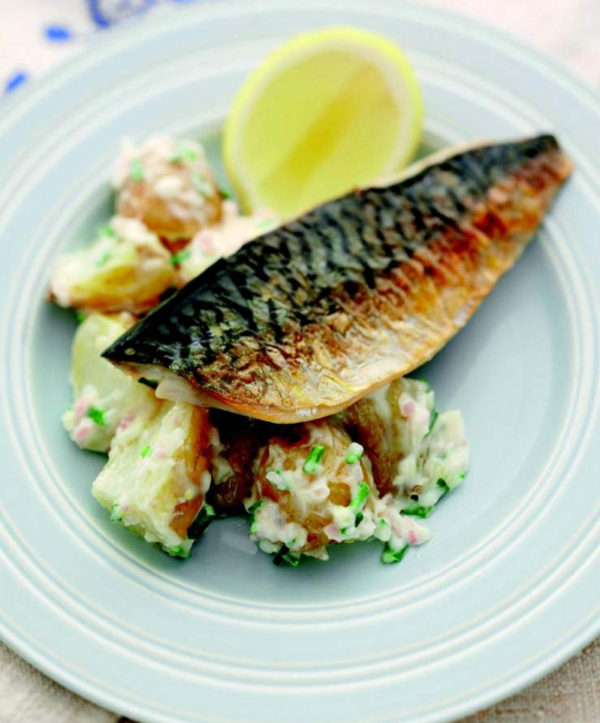 Image for Recipe - Warm Jersey Royal Potato Salad with Seared Mackerel Fillets