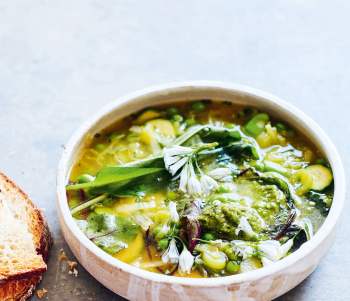 Image for recipe - Leek, Chard & Tarragon Soup with Wild Garlic Pesto