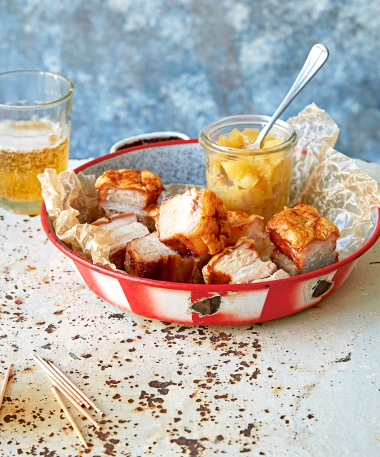 Image for Recipe - Slow-Roast Pork Belly with Popcorn Crackling & Apple Chutney