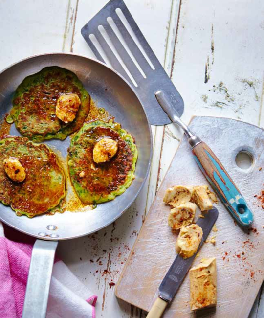 Image for Recipe - Swiss Chard Pancakes with Lemon Berbere Butter