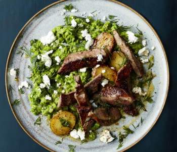 Image for recipe - Lamb Leg Steaks with Crushed Peas, Dill & Feta