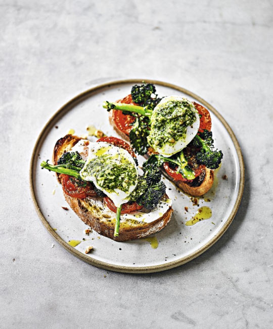Image for Recipe - Purple Sprouting Broccoli with Poached Eggs & Slow-Roasted Tomatoes