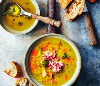 Image for recipe - Pea & Ham Soup with Lemon & Thyme Oil
