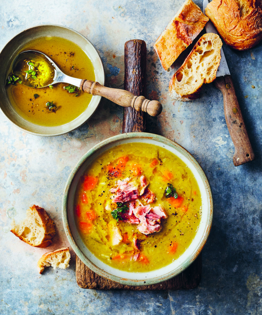 Image for Recipe - Pea & Ham Soup with Lemon & Thyme Oil