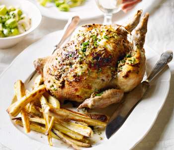 Image for recipe - Roast Chicken with Creamed Leeks & Parmesan Parsnips