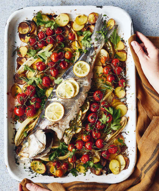 Image for Recipe - Roast Sea Bass with Potatoes, Fennel & Tomatoes