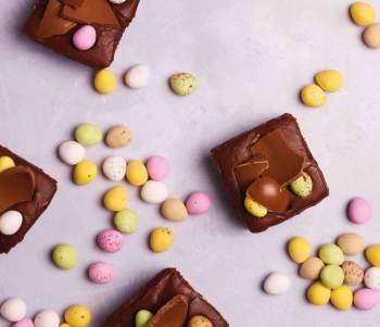 Image for recipe - Easter Brownies with Vanilla Fudge & Chocolate Eggs