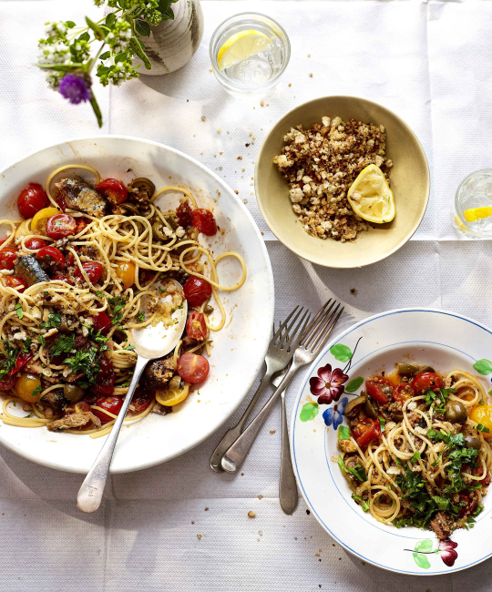 Image for Recipe - Sardine & Green Olive Spaghetti with Chilli Crumbs