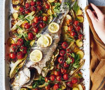 Image for recipe - Roast Sea Bass with Potatoes, Fennel & Tomatoes